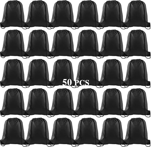 KUUQA 50Pcs Black Drawstring Backpack Bag Sack Drawstring Bags Bulk String Bags Storage Bags for Sport Gym Traveling