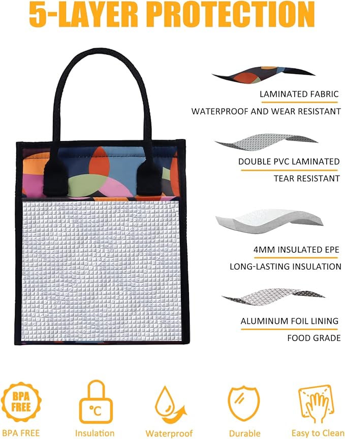Fmeida insulated Lunch Bag Women, Thermal Lunch Tote Bag, Reusable Lunch Box Bags for Women Lady | Front&Side&Inside Pockets, Small Colorful Circle
