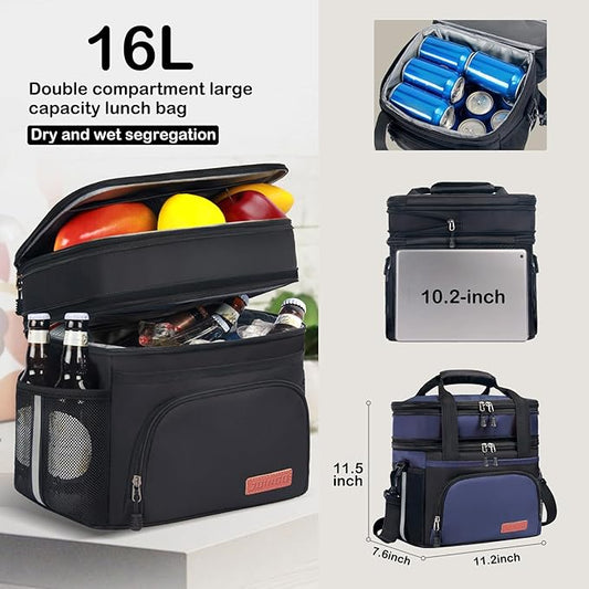 Lunch Box For Men/Women,Large Double-layer Insulated Expandable Reusable Leakproof Cooler Bags For Adults,Lunch Bag With Adjustable Shoulder Strap For Office Travel Picnic(Blue)