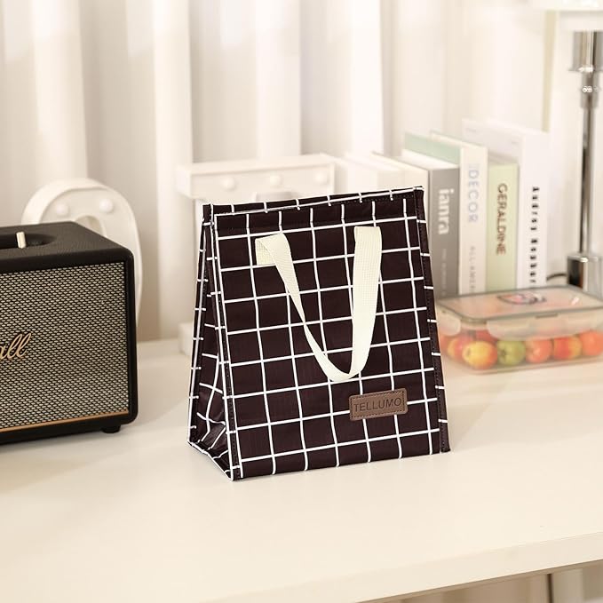 TELLUMO Lunch bag, Insulated Lunch Bag for Women Men Large Lunch Box Container Reusable Leakproof Tote for Office, Work, School, Beach or Travel (Black Grid)