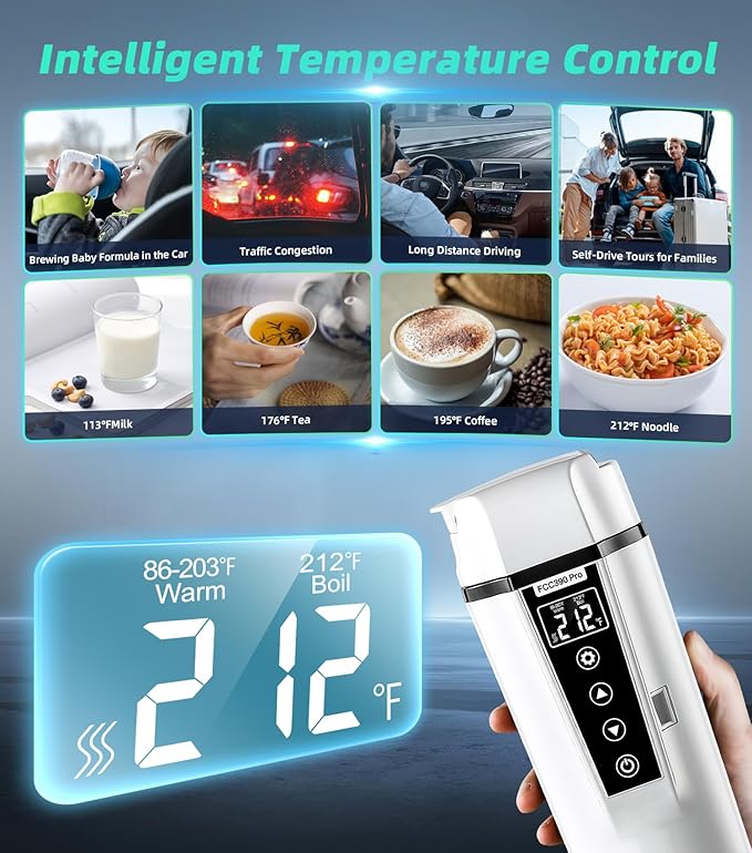 Portable Electric Car Kettle: 12V/24V Kettle Mini Water Boiler for Car Heated Travel Mug,Smart Precision Temperature Adjustment Coffee Tea Truck Cup with Handy Kettle Bag (White, 400ML)