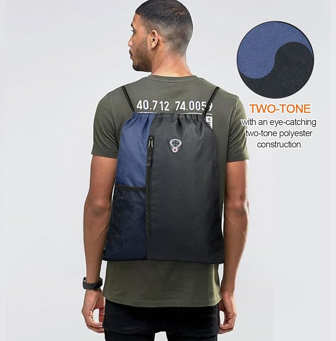 Drawstring Backpack Sports Gym Bag for Women Men Large Size With Two Zipper Pockets and Water Bottle Mesh Pockets