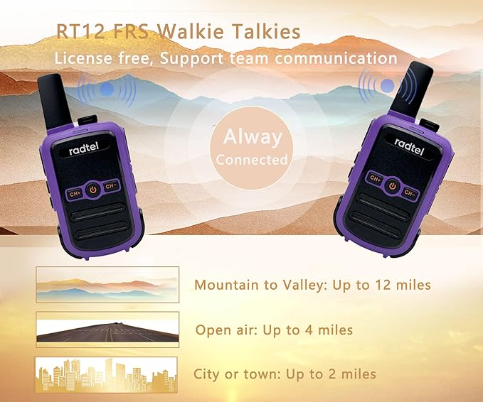 Radtel RT12 Rechargeable Walkie Talkies for Adults Long Range Handheld FRS Two Way Radio 16CH Handsfree VOX for Camping Hiking (Purple)