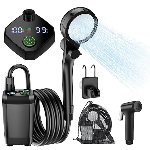 Portable Camping Shower Kit, Lost-Lasting 6000mAh Rechargeable Camp Shower with Sprayer Head, Outdoor Showers Pump 4 Spray Modes, IPX7 Waterproof for Travel, Pet, Plant Watering, Car, Hiking