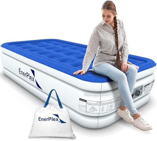 EnerPlex Twin Air Mattress with Built-in Pump - 16 Inch Double Height Inflatable Mattress for Camping, Home & Portable Travel - Durable Blow Up Bed with Dual Pump - Easy to Inflate/Quick Set Up﻿
