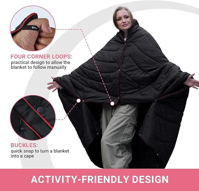 KingCamp Lightweight Camping Blanket - Stylish & Multifunctional Quilt with Snap Button, Portable for Travel, Airplane, Indoor & Outdoor - Provides Warmth - Black