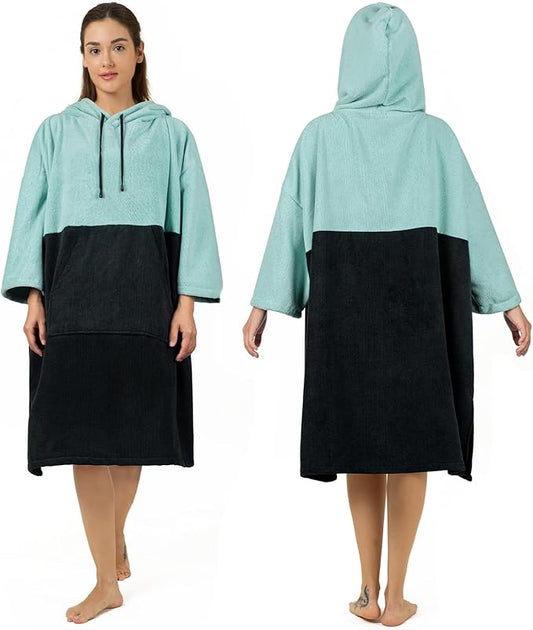 Surf Poncho Changing Robe, 3/4 Sleeve Extra Large Thick Hoodie Towel Poncho for Men Women Beach Swimming, 39‘’x33‘’, Black Teal