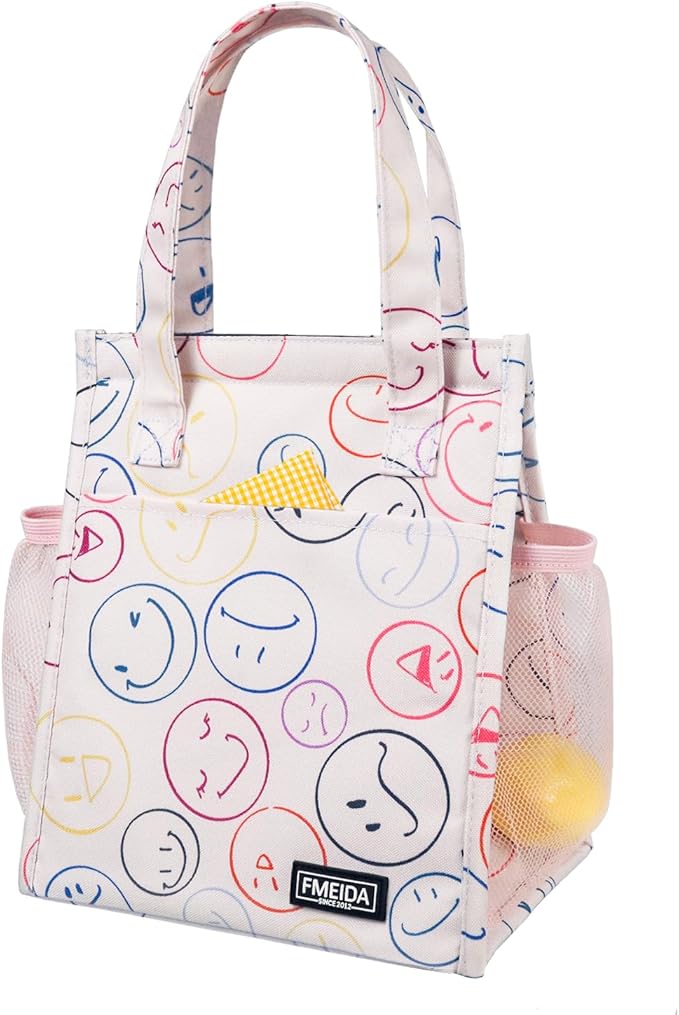 Fmeida Insulated Lunch Bag Women, 6.75L Small Lunch Tote Bags, Waterproof Thermal Cooler Lunch Bag, Reusable Lunch Box with Front Side Interior Pockets, Smile Face