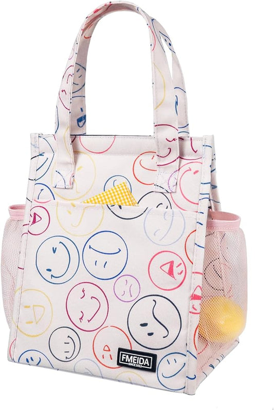 Fmeida Insulated Lunch Bag Women, 6.75L Small Lunch Tote Bags, Waterproof Thermal Cooler Lunch Bag, Reusable Lunch Box with Front Side Interior Pockets, Smile Face