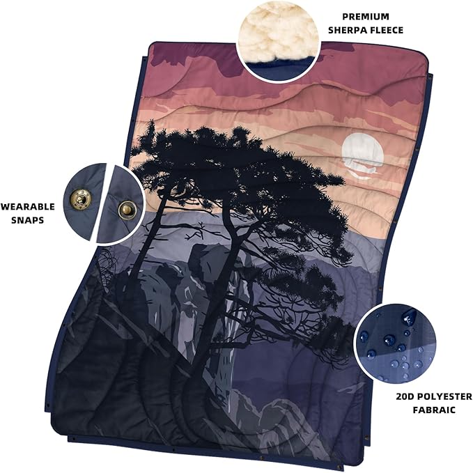 Outdoor Camping Blanket with Sherpa Lining, Extra Warm Thick Camp Blankets & Puffy Ultralight Soft Poncho DWR Camping Quilt for Cold Weather, Adventure,Sleeping,Backpacking 56"x 40"