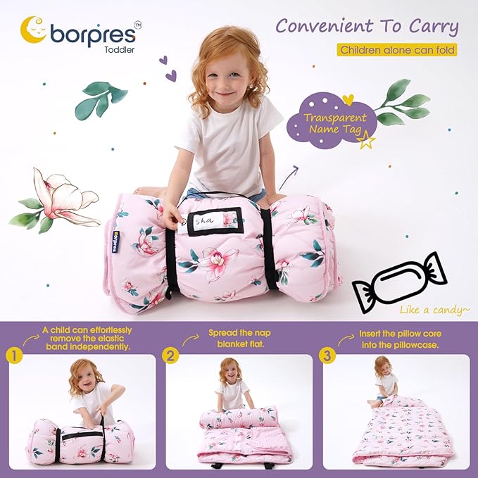 Nap Mat with Pillow Blanket Set: Sleeping Mats for Toddler Kids - Thick Large Roll up Slumber Bag for Daycare Preschool Kindergarten Boys Girls