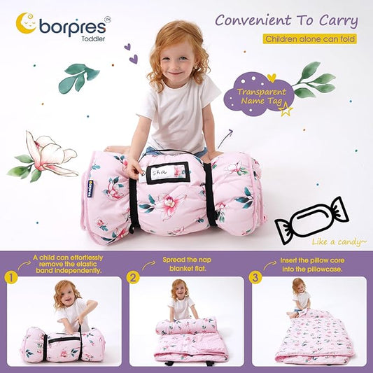 Nap Mat with Pillow Blanket Set: Sleeping Mats for Toddler Kids - Thick Large Roll up Slumber Bag for Daycare Preschool Kindergarten Boys Girls