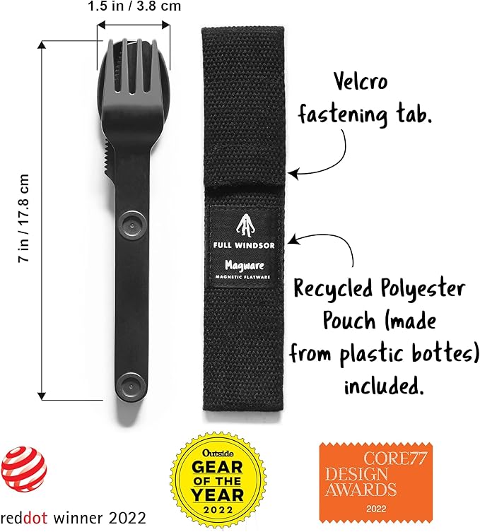 FULL WINDSOR - MAGWARE Magnetic Camping Cutlery Set - Travel Utensils for Camping, Cooking, and Outdoor Dining - Knife, Fork & Spoon - Portable Silverware with Pouch - Black (3 PCS)