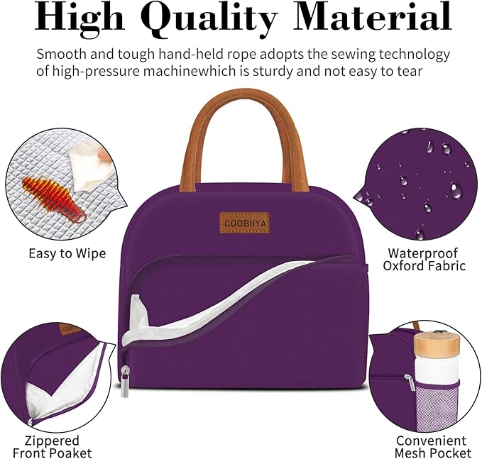 Coobiiya Lunch Bag Women, Lunch Box for Women Adult Men, Small Leakproof Cute Lunch Tote Large Capacity Reusable Insulated Cooler Lunch Container for Work/Office/Picnic/Travel-Purple