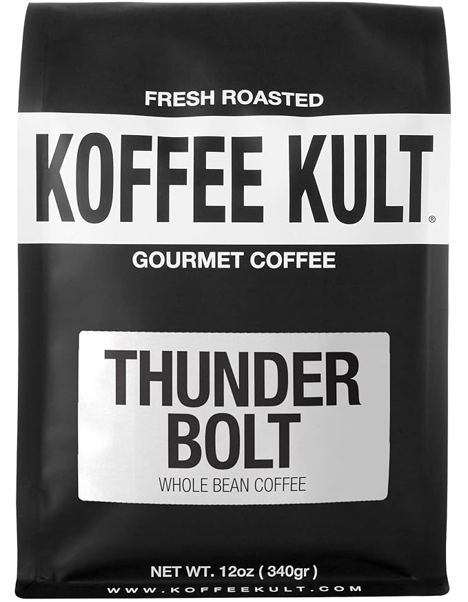 Koffee Kult Thunder Bolt - Whole Bean Coffee, Dark French Roast, 100% Arabica, Robust Blend, Bold Strong Artisan Flavor 12oz Resealable Package