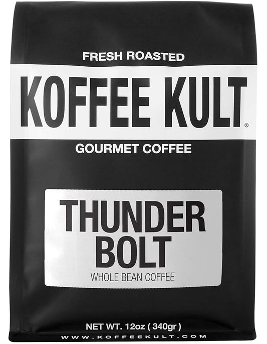 Koffee Kult Thunder Bolt - Whole Bean Coffee, Dark French Roast, 100% Arabica, Robust Blend, Bold Strong Artisan Flavor 12oz Resealable Package