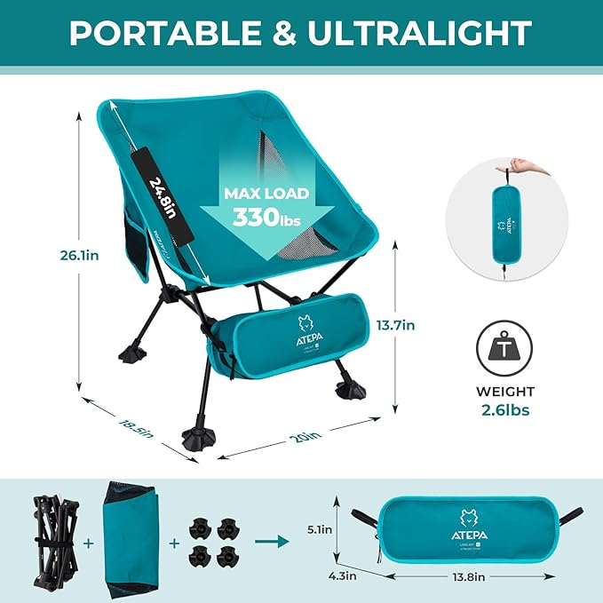 ATEPA Backpacking Chair, Ultralight Folding Portable Small Camping Chairs for Adults Compact Foldable Beach Seat with Anti-Sinking Feet & Aluminum Frame for Outdoor Hiking Travel Fishing