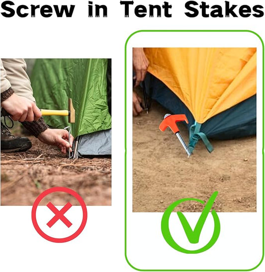8" Screw in Tent Stakes - Ground Anchors Screw in, Screw in Tent Stakes Heavy Duty, Tent Pegs Camping Stakes, Metal Threaded Tent Spikes, Screw Tent Stakes with Hex Sleeves (12Pcs+Box Orange)