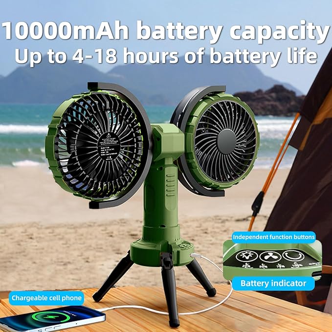 Outdoor Camping Fan with LED Light,8000mAh Rechargeable Battery Powered with Hook Tent Fans,270° Oscillating 360°Rotation Portable Tripod Beach Fan for Canopy,Travel,Fishing,Home,Green