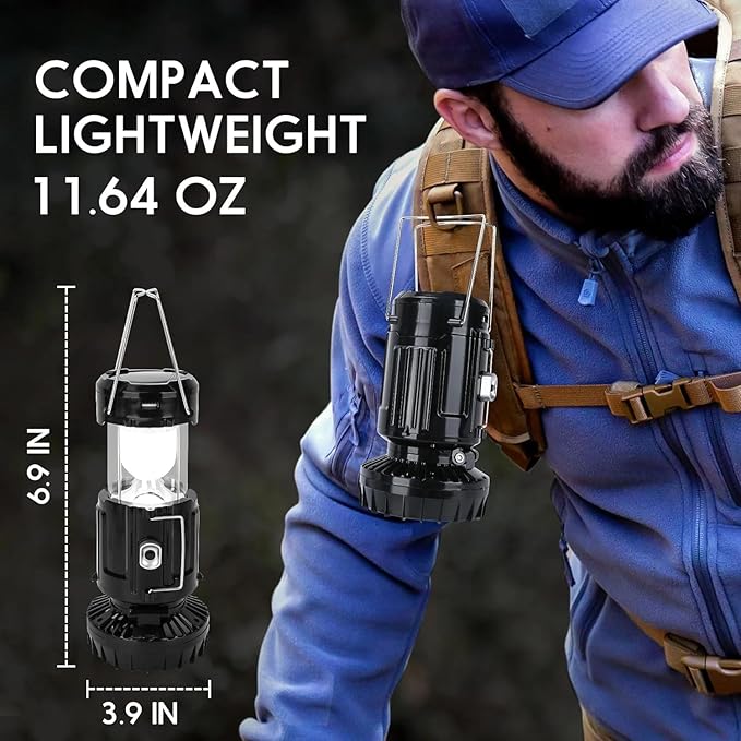 2024 Upgrade Solar Portable Lantern Rechargeable Fan - Collapsible Lightweight LED Camping Lantern for Power Outages Flashlight Survival Kits for Outdoor Tent Emergency Essentials Cool Gifts for Men
