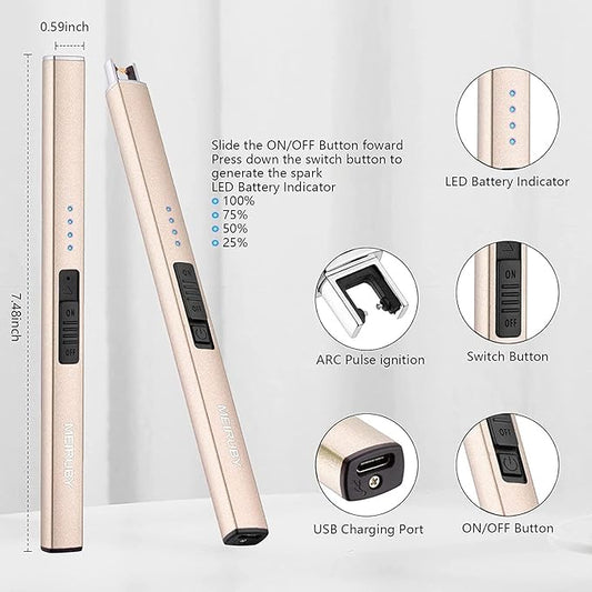 MEIRUBY Lighter Electric Candle Lighter Long Electronic Rechargeable USB Lighter Arc Windproof Flameless Lighters for Candle Camping BBQ Birthday Women's Day Gifts for Women Mom Wife Men, Gold