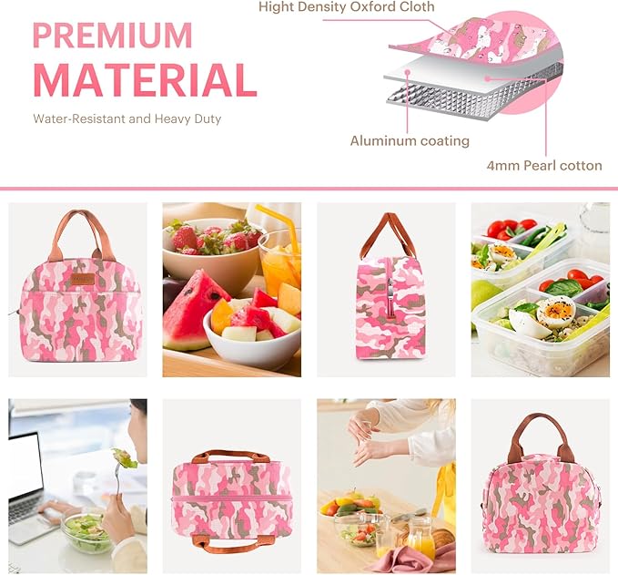 Lunch Bag for Women & Men Adult Insulated Lunch Box, Small Leakproof Cooler Food Lunch Containers Reusable High Capacity Lunch Tote Bags for Work, Travel, Outdoor (Pink Camo)