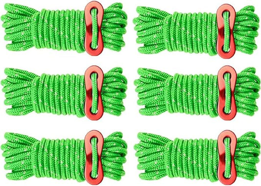 6 Pack 4mm Outdoor Guy Lines Tent Cords Reflective Canopy Wind Rope Lightweight Camping Rope with Aluminum Guylines Adjuster for Tent Tarp, Canopy Shelter, Camping, Hiking, (Bright Green)