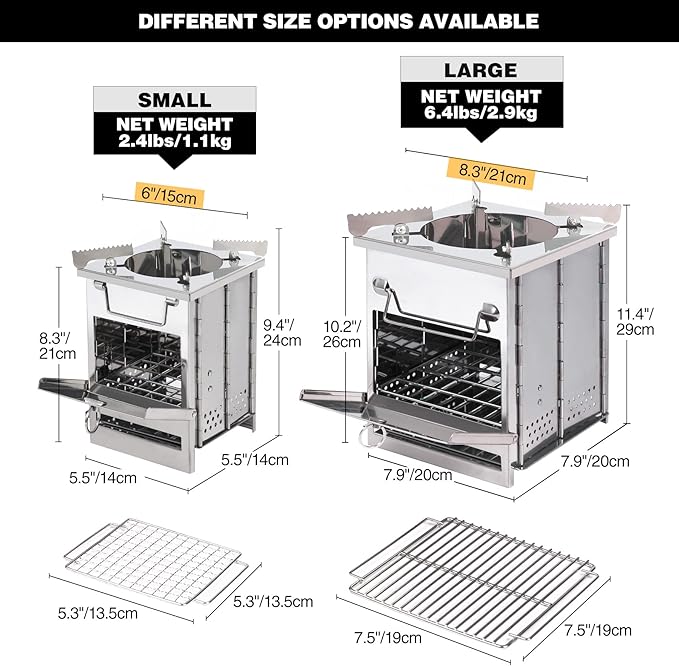 REDCAMP Wood Burning Folding Camp Stove Stainless Steel Grill and Pot Stand, Portable Collapsible Backpacking Stove Survival Rocket Stove for Hiking Outdoor Tent Camping Picnic, Largel with Pot Stand