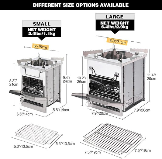 REDCAMP Wood Burning Folding Camp Stove Stainless Steel Grill and Pot Stand, Portable Collapsible Backpacking Stove Survival Rocket Stove for Hiking Outdoor Tent Camping Picnic, Largel with Pot Stand