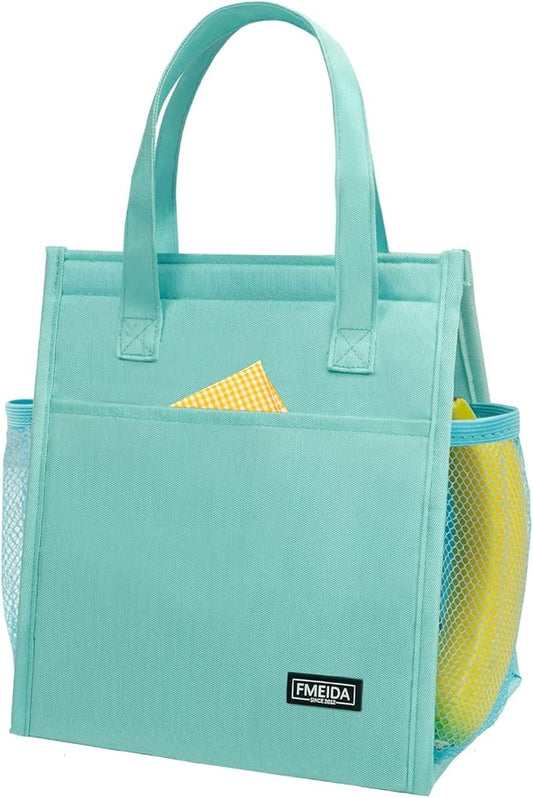 Fmeida Insulated Lunch Bag for Women, Simple Lunch Bag, Thermal Adult Lunch Totes, Reusable Lunch Boxes for Office College Beach Travel | Medium Mint Blue, Front&Side&Interior Pockets