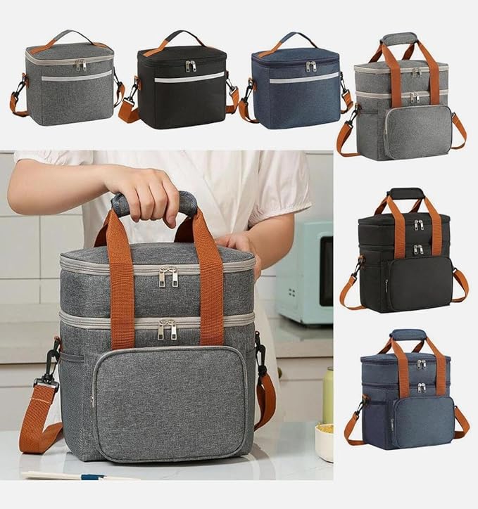 Double Layer Insulated Cooler Lunch Bag – Leakproof Thermal Food Storage Tote with Shoulder Strap – Large Capacity for Work, Travel, or Picnic – Available in Gray, Black & Navy Blue