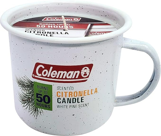 Coleman Repellents Tin Mug Outdoor Citronella Candle | Rustic Outdoor Camping Candle with White Pine Scent, White