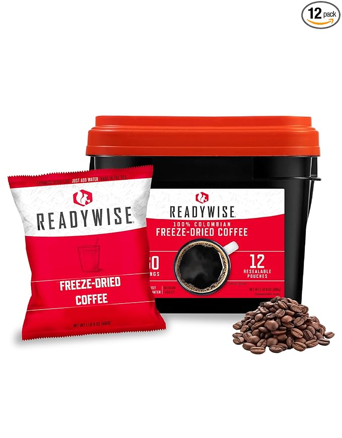 READYWISE - Freeze-dried Coffee Bucket, 360 Servings, Emergency, Meal & Drink Supply, Freeze Dried Survival Drink for Hiking, Adventure and Camping Essentials, Resealable Pouches