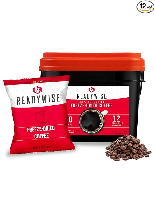 READYWISE - Freeze-dried Coffee Bucket, 360 Servings, Emergency, Meal & Drink Supply, Freeze Dried Survival Drink for Hiking, Adventure and Camping Essentials, Resealable Pouches