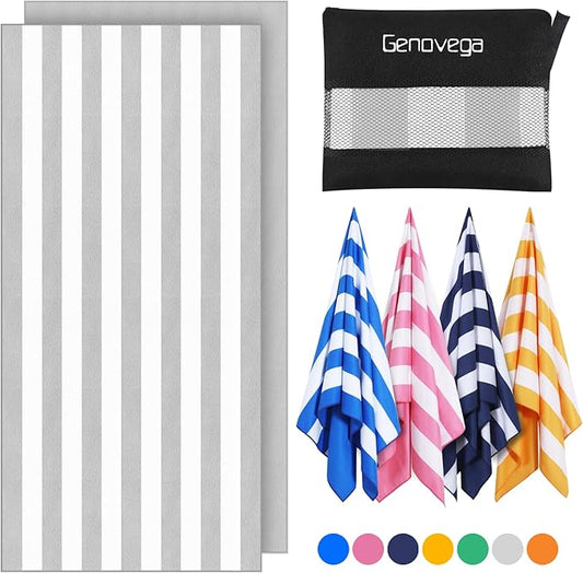Genovega Microfiber Beach Towel Lightweight Thin Oversized Sandproof Compact Quick Dry Clearance Towels Extra Large Sand Free Pool Travel Beach Essentials Accessories Women Men Adult Gift Grey Stripe