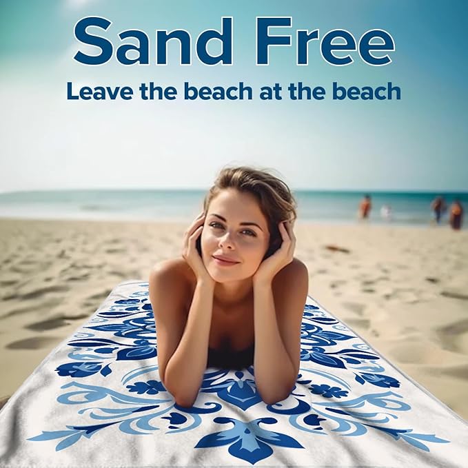Microfiber Beach Towels - Soft & Lightweight - Absorbent, Quick Dry, Sand Free - Perfect for Beach, Pool, Travel, Camping, Picnic, Yoga - Matching Travel Bag - XL - Mediterranean Blue