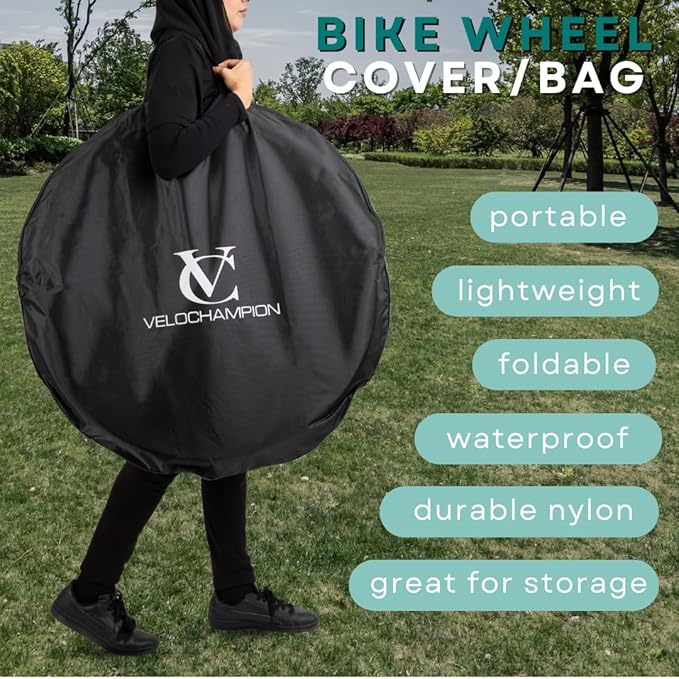 VeloChampion Waterproof Bicycle Wheel Bag Storage Cover | Mountain, Road or Gravel Bike | 650b. 700c. 26” 27.5” 29” Bicycle Wheelset Transport Travel Case (Black, 31.8" (MTB) x1)