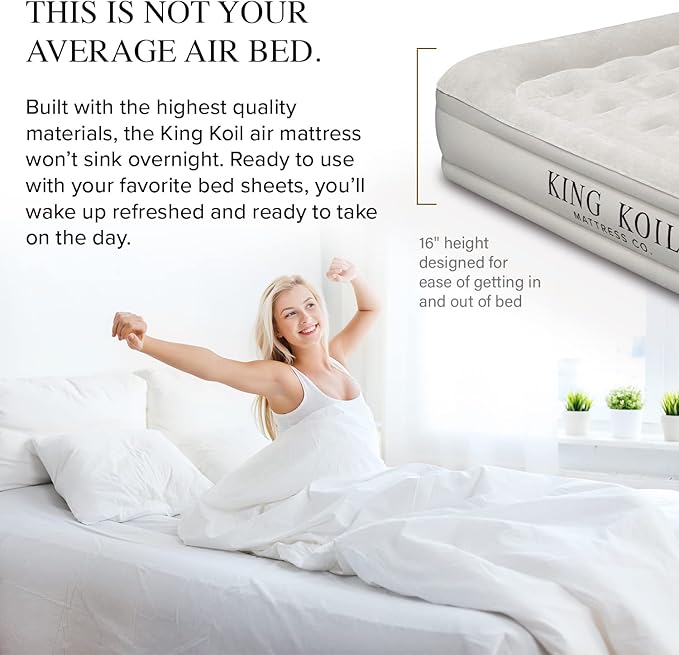 King Koil Luxury California King Air Mattress with Built-in Pump for Home, Camping & Guests - 16” King Size Inflatable Airbed Luxury Double High Adjustable Blow Up Mattress, Durable Waterproof