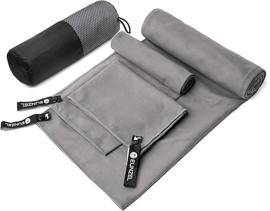 Eunzel Quick Dry Camping Towel, Microfiber Travel Towel 3 Size at 1 Pack,Fast Drying Towel Set for Camping, Beach, Gym, Sports, Yoga & Swimming Pool, Dark Grey/Grey