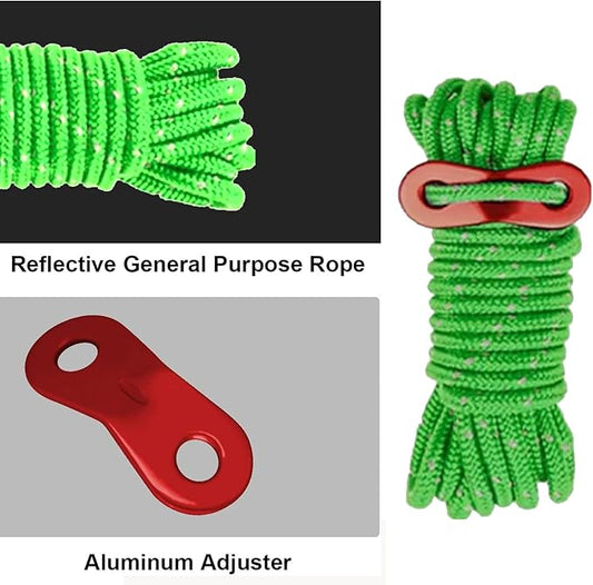 6 Pack 4mm Outdoor Guy Lines Tent Cords Reflective Canopy Wind Rope Lightweight Camping Rope with Aluminum Guylines Adjuster for Tent Tarp, Canopy Shelter, Camping, Hiking, (Bright Green)