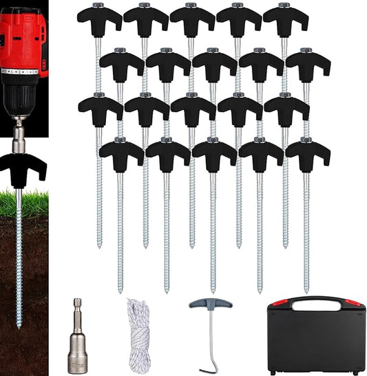 20PCS Screw in Tent Stakes Heavy Duty,8 Inch Screw in Tent Pegs,Metal Camping Stakes,with Hex Head Driver,Nail Lifter,Ropes,Camping Tent Accessories,Black