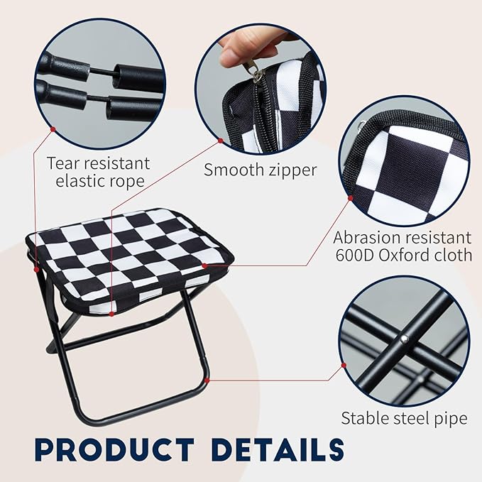 Collapsible Stool Camping Folding Stools: 1.1lbs Lightweight Portable Foot Stool Load 300lbs - 10.5 Inch Camping Chair Fishing Hiking Gardening Beach BBQ with Carry Bag Easy Transport (Black & White)