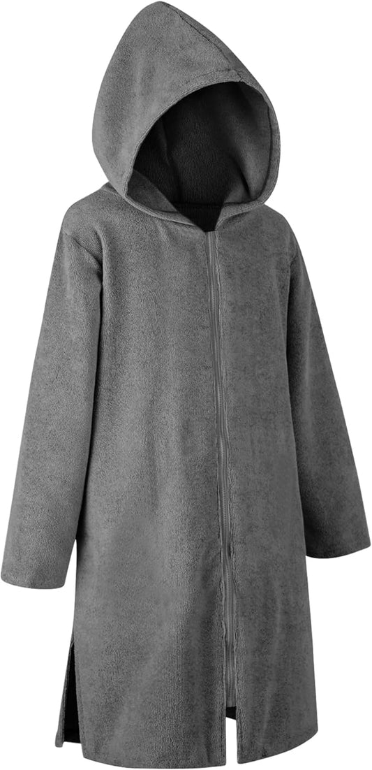 Weecreeture Hooded Towel Poncho with Zipper and Pocket, Surf Poncho for Men and Women, Beach Bath Changing Robe Cover Up Dark Gray M