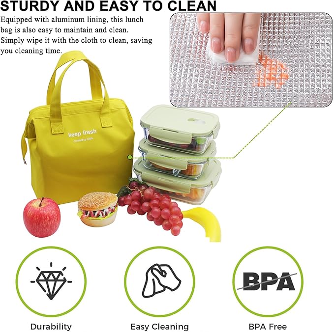 Mziart Insulated Lunch Bag Simple Bento Cooler Bag Lunch Tote Bag for Lunch Box for Women Men Adult Picnic Working Hiking Beach (Yellow)