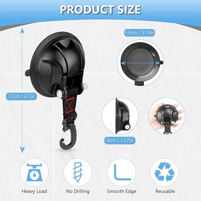 Vashly 4Pcs Upgraded Suction Cup Hooks,Heavy Duty Suction Cups with 360 °rotatable Hooks,Strong Vacuum Suction Cups with Hooks for Shower Wall,Car Awning Boat Camping Window Glass