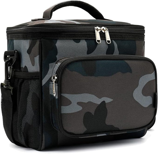 FlowFly Insulated Reusable Lunch Bag Adult Large Lunch Box for Women and Men with Adjustable Shoulder Strap,Front Zipper Pocket and Dual Large Mesh Side Pockets,BlackCamo