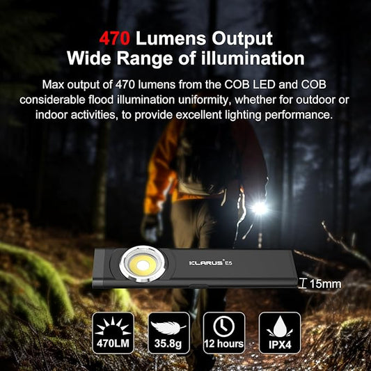 klarus E5 Pocket Flashlight, Rechargeable EDC Flashlight, Super Slim Flat 4.2x1x0.3inch, 470 Lumens, USB-C Port, IPX4, Dual Light Source with Magnetic Base, Hat & Clothes Clip - Black