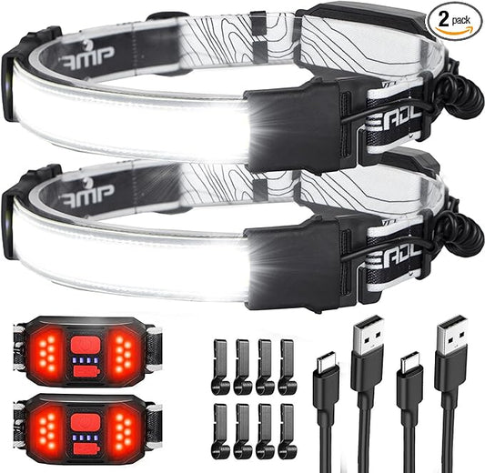 LED Headlamp Flashlight, 1000L 230° Broadbeam Headlight, USB C Rechargeable Head Lamp with Red Taillight, Lightweight Waterproof Headlamps for Camping Running Hiking, Hard Hat Headlamp 2Pack