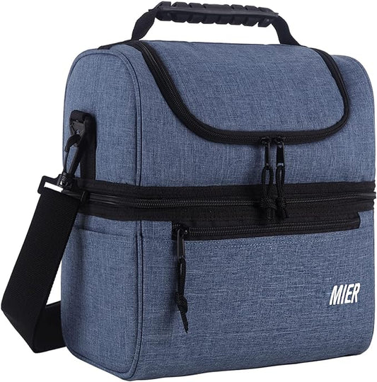 MIER 2 Compartment Lunch Bag for Men Women, Leakproof Insulated Cooler Bag for Work, Bluesteel, Medium