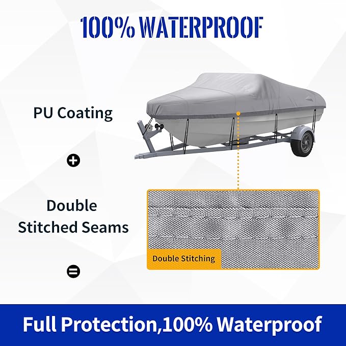NEXCOVER Trailerable Boat Cover, Length: 20’-23’ Beam Width: up to 100”, Waterproof Heavy Duty Cover, Fits V-Hull, TRI-Hull, Runabout, Pro-Style, Bass Boat, Storage Bag & Tightening Straps Included.